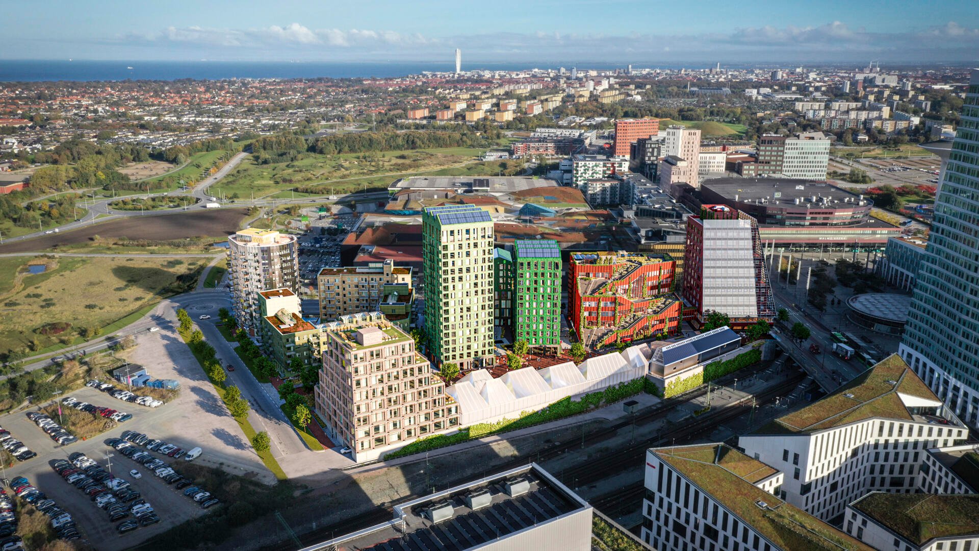 Visionsbild över de sju fastigheterna i Embassy of Sharing i Hyllie i Malmö